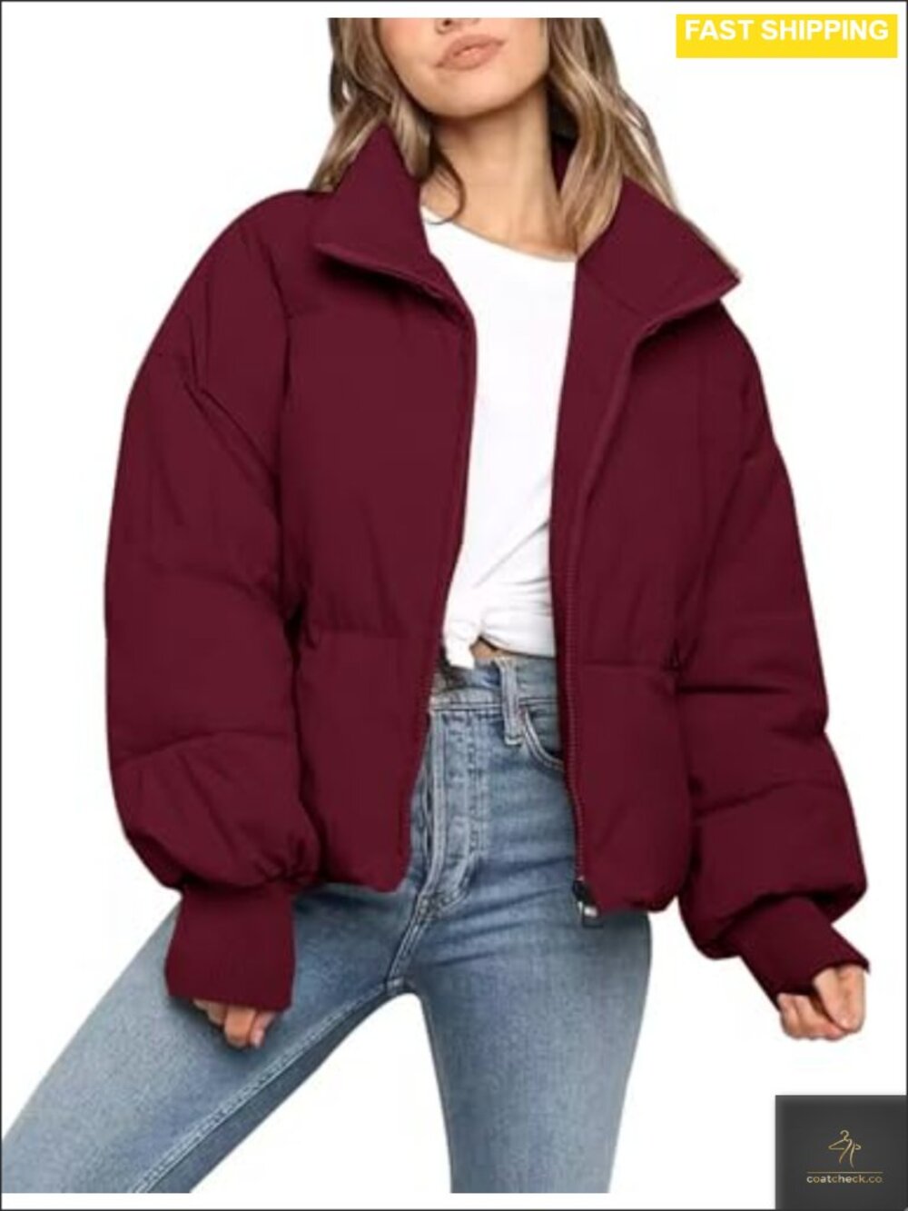 Cropped Puffer Jacket Quilted Zip-Up Winter Coat Loose Fit